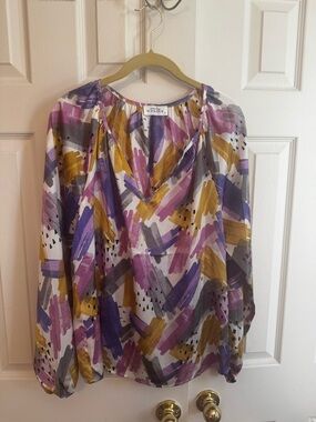 Abstract Brushstroke V-Neck Blouse in Purple, Mustard & Light Gray
